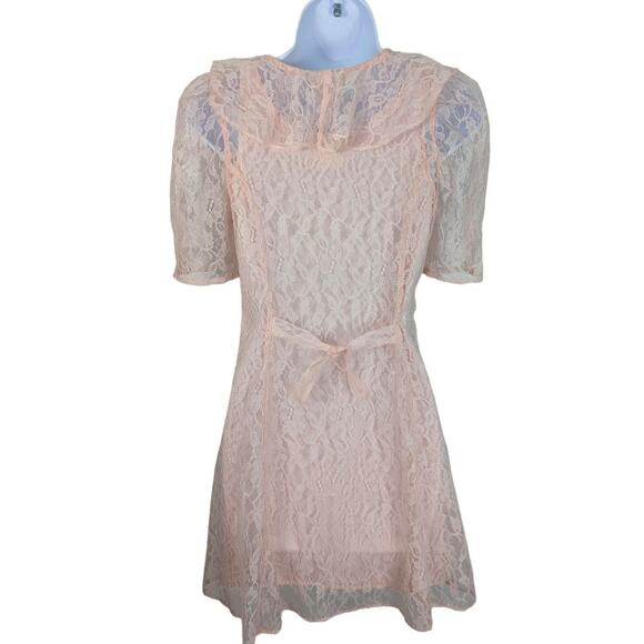 VTG 80's Amy Too Byer Calif. Pink Lace Mini Dress Sheer Slip Dress See Measure - Picture 2 of 12